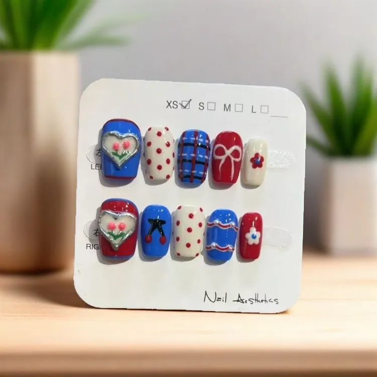 2025新款复古爱心立体小花蝴蝶结可爱美少女甜美撞色穿戴甲可爱风