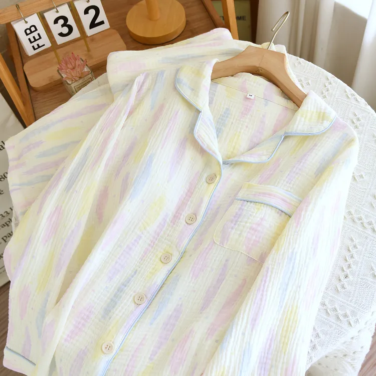 百分百纯棉睡衣长袖长裤婴儿软棉纱家居服套装四季款全棉泡泡纱