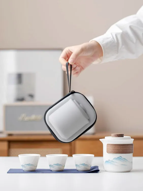 高端羊脂玉便携式旅行茶具一壶三杯户外露营车载泡茶器防烫办公家