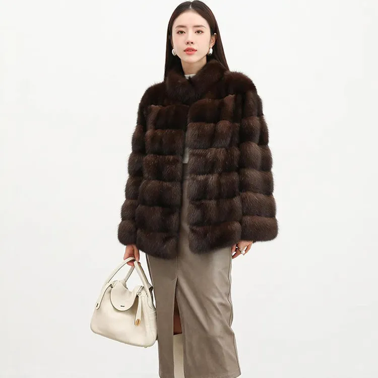 冬季新款满天星黑金色短款立领环保皮草外套女
