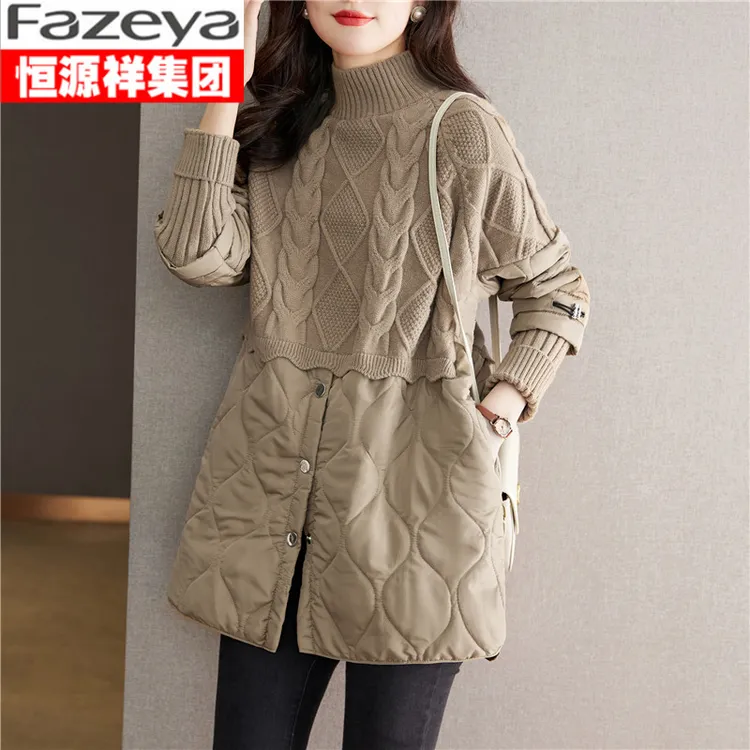 恒源祥集团彩羊欧美麻花针织假两件毛衣外套女拼接棉衣洋气棉服