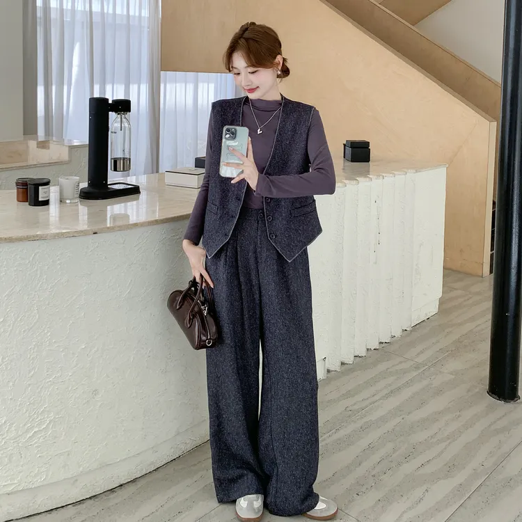 气质轻熟风简约显瘦套装女2025秋季新款高级感马甲打底长裤三件套