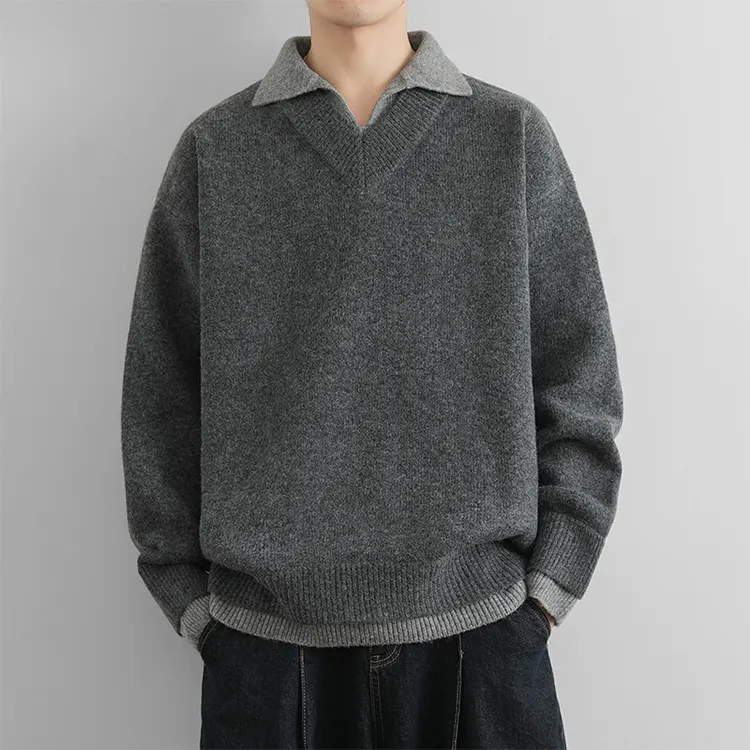 重磅Polo领毛衣男冬季日系复古撞色翻领线衣慵懒羊毛衫打底针织衫
