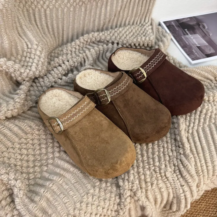 厚底加绒勃肯半拖鞋女2025秋季新款潮流小众休闲一脚蹬包头拖鞋