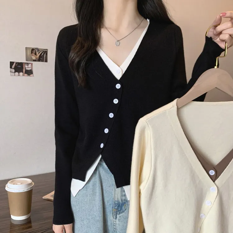 胖MM韩版假两件针织开衫大码女装秋季新款遮肉显瘦小衫设计感上衣