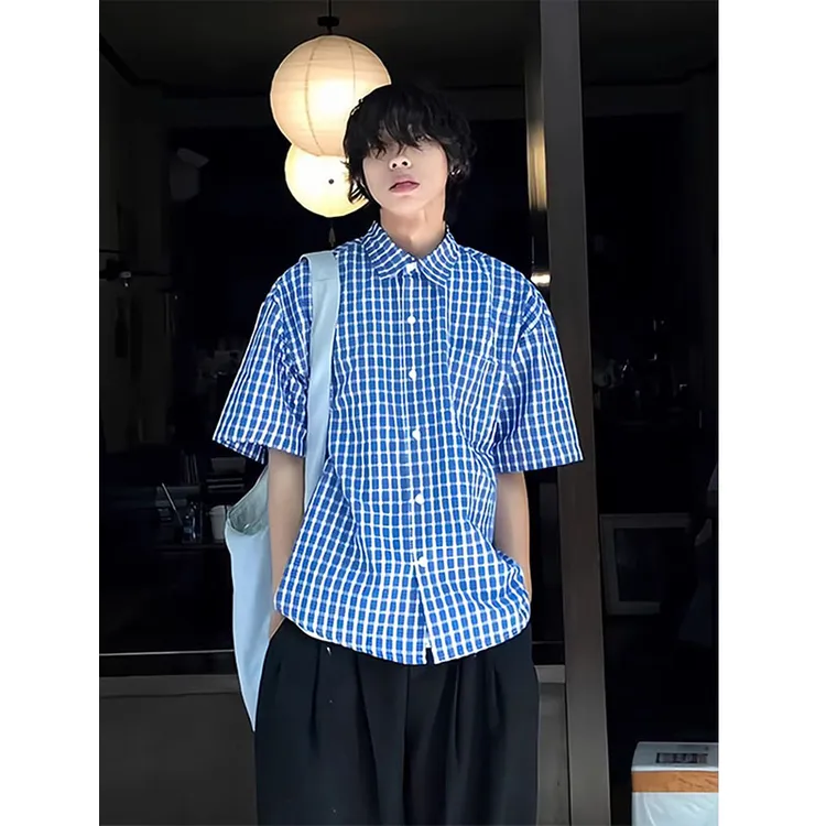 蓝色千鸟格子衬衫短袖男夏季薄款cleanfit高级感痞帅格纹衬衣外套