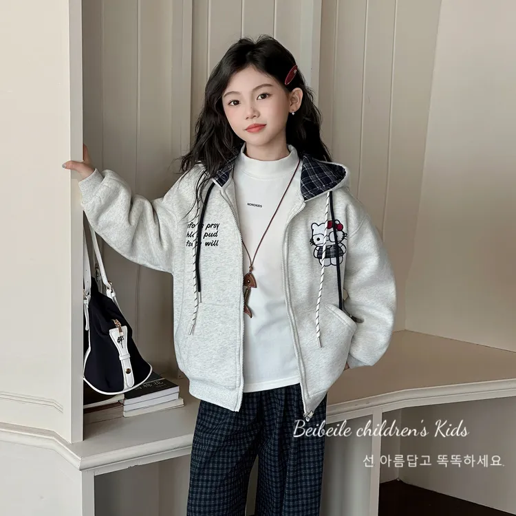女童6-12岁加厚猫咪刺绣外套2025秋冬款新款潮流休闲韩版外套