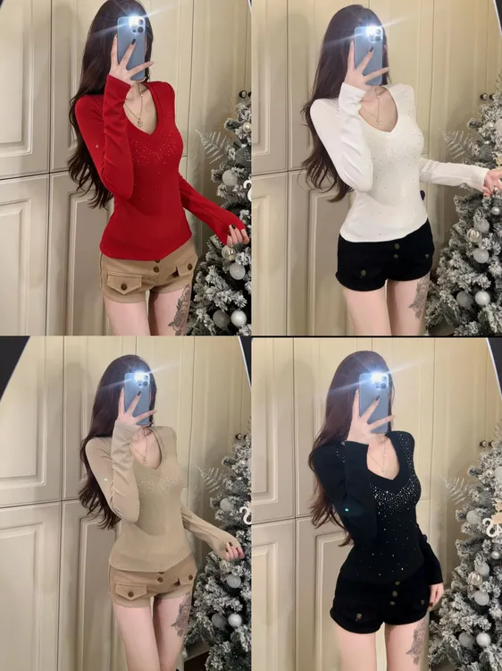 跨年战衣~秋冬款慕斯绒重工烫钻满天星V领性感修身百搭女T恤上衣