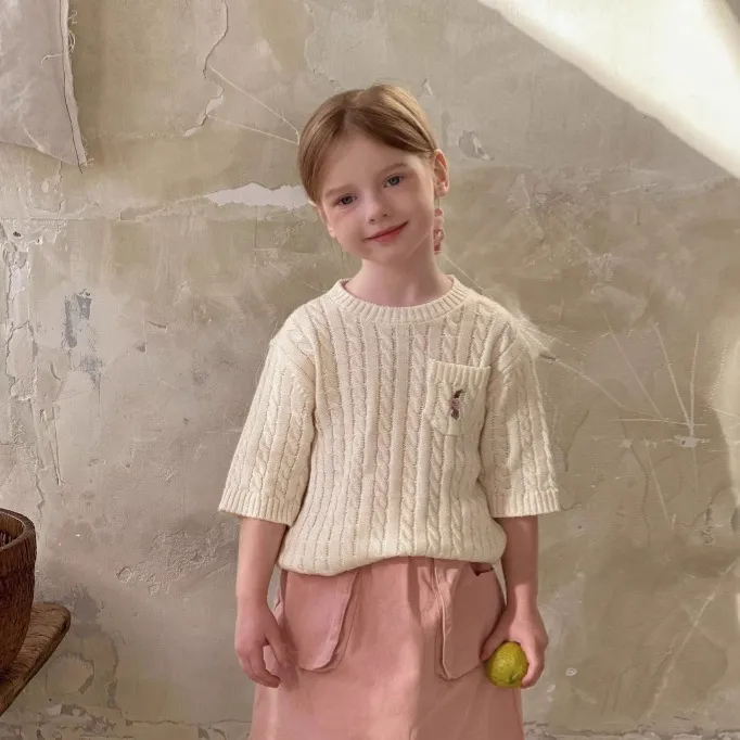 女童针织T恤2025夏季新款韩版儿童休闲卡通夏装宝宝刺绣短袖上衣