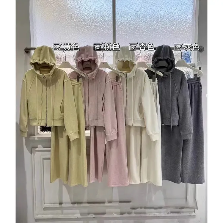 5166大码秋冬新款糯米绒韩系连帽卫衣阔腿裤休闲运动套装减龄显瘦