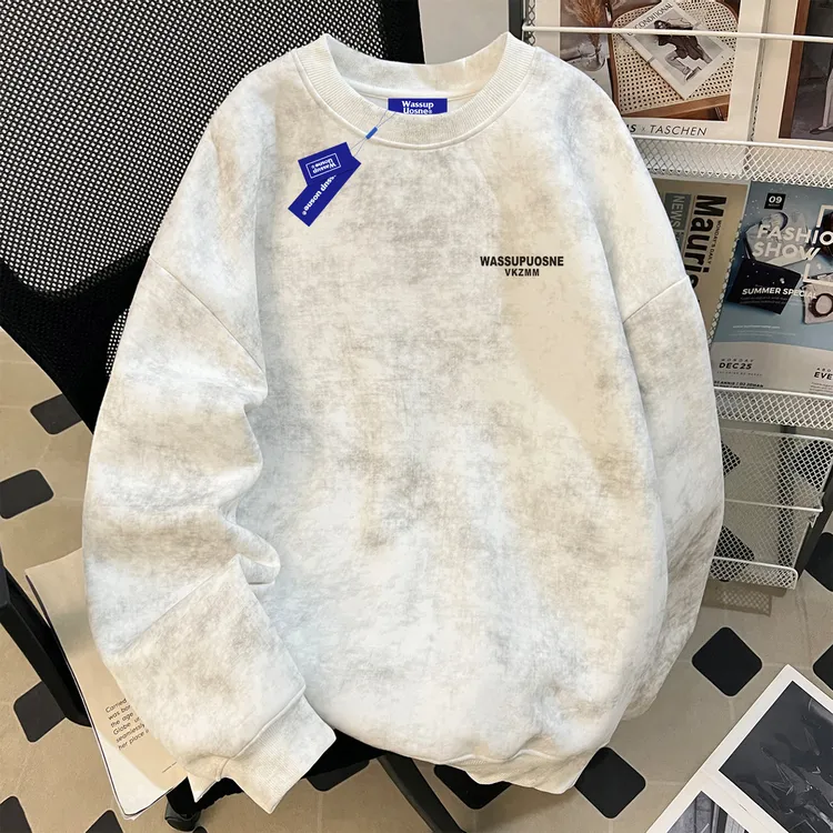 WASSUP UOSNE大码重磅美式无帽圆领卫衣男生冬季新款宽松潮牌长袖