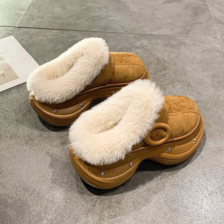 冬款新款简约毛绒女款棉拖鞋保暖舒适厚底居家外穿棉拖鞋雪地靴