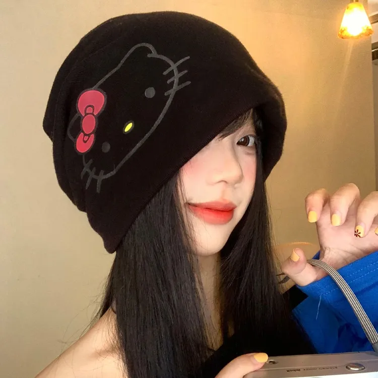 可爱Kitty猫堆堆帽女春秋显脸小百搭包头帽宽松大头围黑色冷帽子