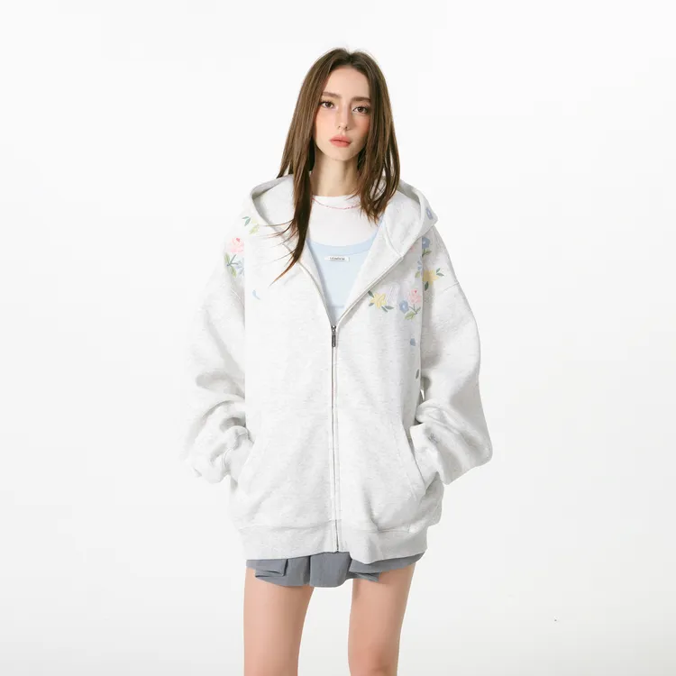 FORNINES花卉刺绣拉链开衫卫衣加绒秋季重磅连帽衫宽松休闲外套女