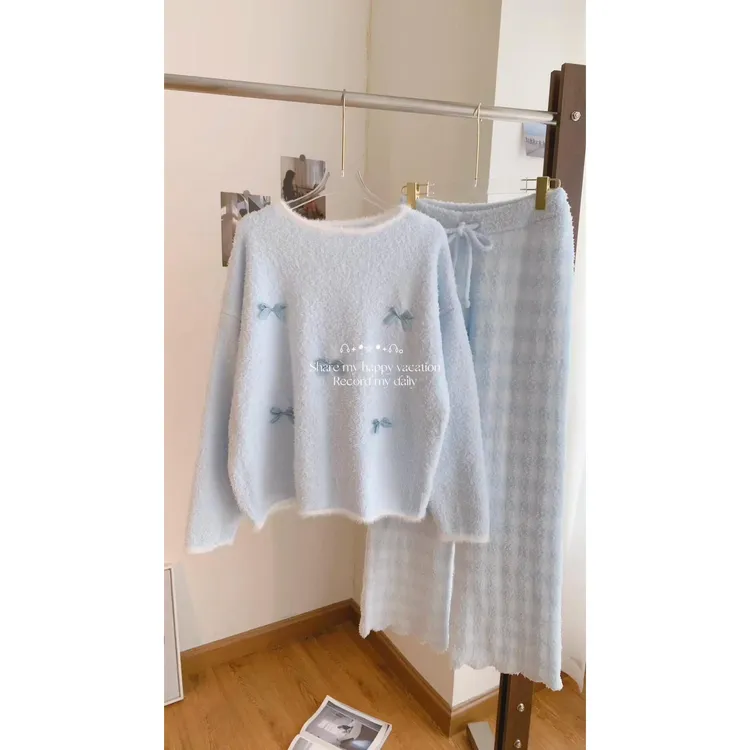 甜美简约蝴蝶结半边绒睡衣女秋冬季新款保暖加厚家居服套装可外穿