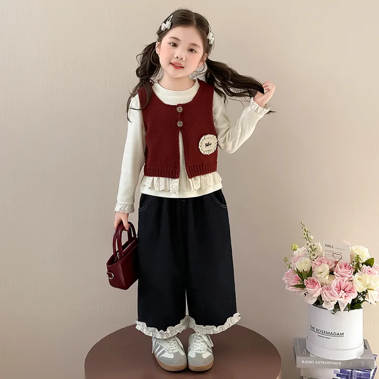 女童秋装套装2025新款宝宝毛衣马甲阔腿裤洋气女孩韩版好看三件套