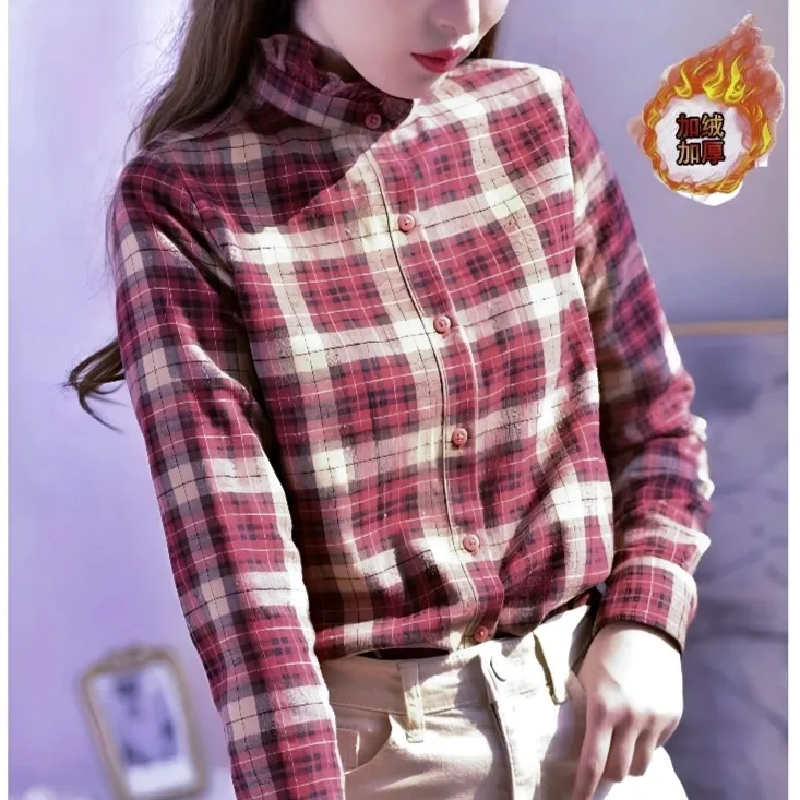 秋冬季磨毛格纹衬衣加绒衬衫女复古木耳边立领长袖上衣洋气百搭潮