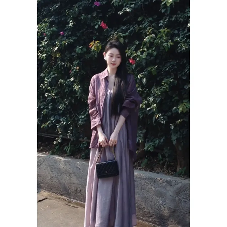 韩系休闲百搭时尚薄款设计感长袖衬衫上衣收腰修身显瘦V领连衣裙