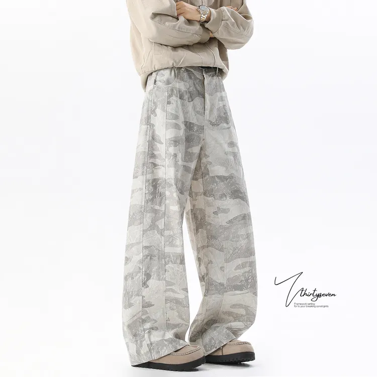 V37美式复古高级感迷彩阔腿裤男春季设计感小众宽松直筒休闲长裤