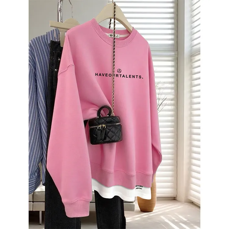 搭配鲨鱼裤粉色简约字母假两件薄款卫衣女2025新款秋冬韩版中长款