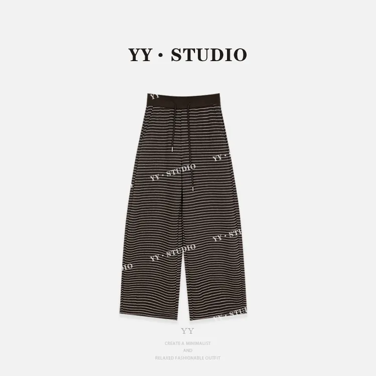 【YANYAN】条纹加绒加厚休闲裤女秋冬新款高腰抽绳直筒长裤5509