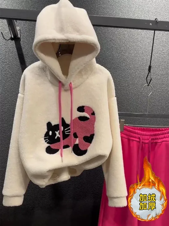 女童猫咪刺绣羊羔毛连帽套头加绒加厚中大童保暖宽松冬季百搭卫衣