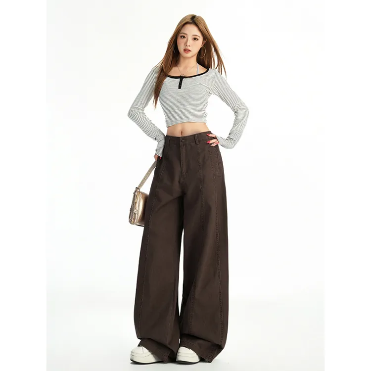 NORNLGGER美式咖色直筒高腰牛仔裤女秋新款百搭显瘦百搭小个子裤