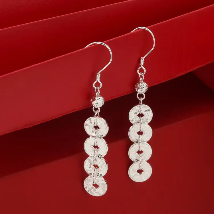 足银耳饰 足银990银碎冰闪亮五帝钱耳钩耳环0480