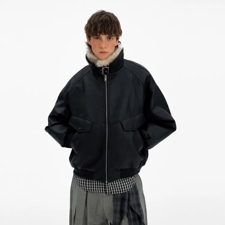 【现货现发】美式复古毛领拼接PU皮棉服男女冬季保暖加厚座山雕外套