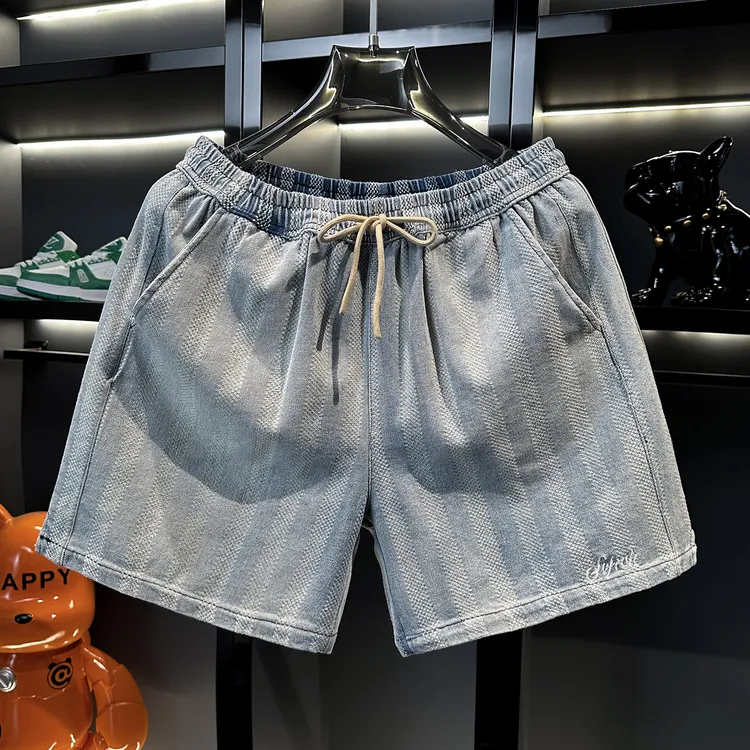 夏季牛仔短裤美式复古水洗刺绣四五分宽松做旧松紧腰百搭直筒裤潮