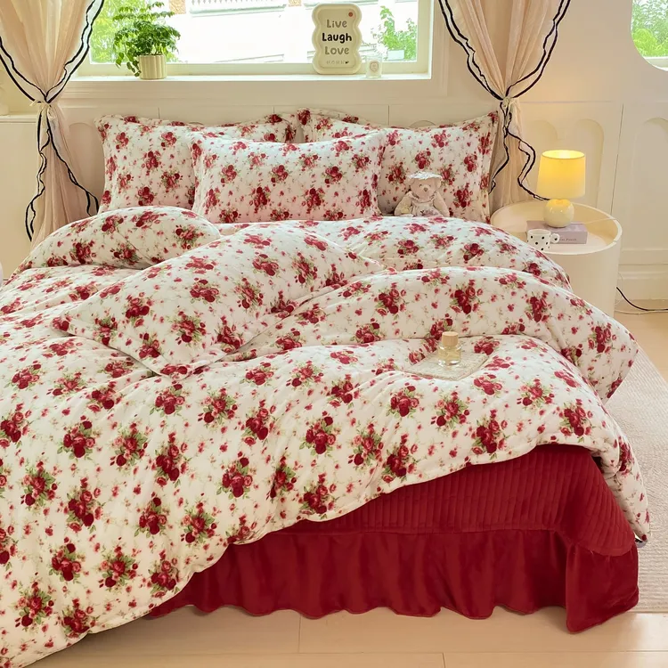 秋冬新款法式加厚牛奶绒安可拉红床盖被套四件套免打理保暖床品