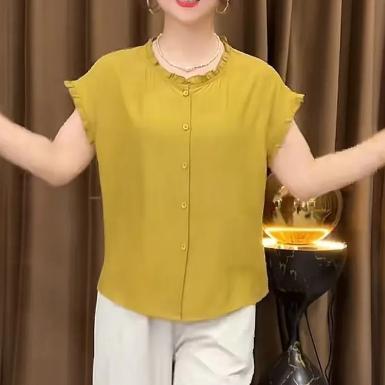 夏季洋气时尚木耳领半袖休闲气质优雅百搭上衣