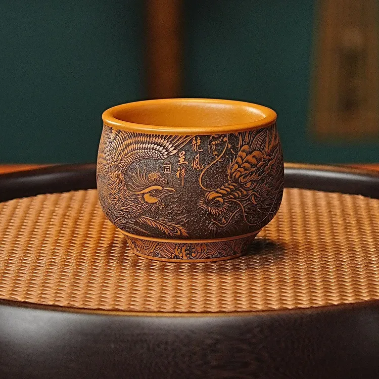 宜兴全手工紫砂茶具 原矿朱泥泥料刻绘龙凤呈祥主人杯品茗杯