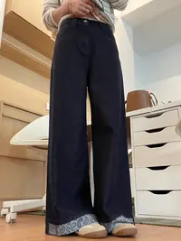 深蓝色卷边牛仔裤女秋新款大码胖妹妹宽松显瘦梨型身材直筒阔腿裤