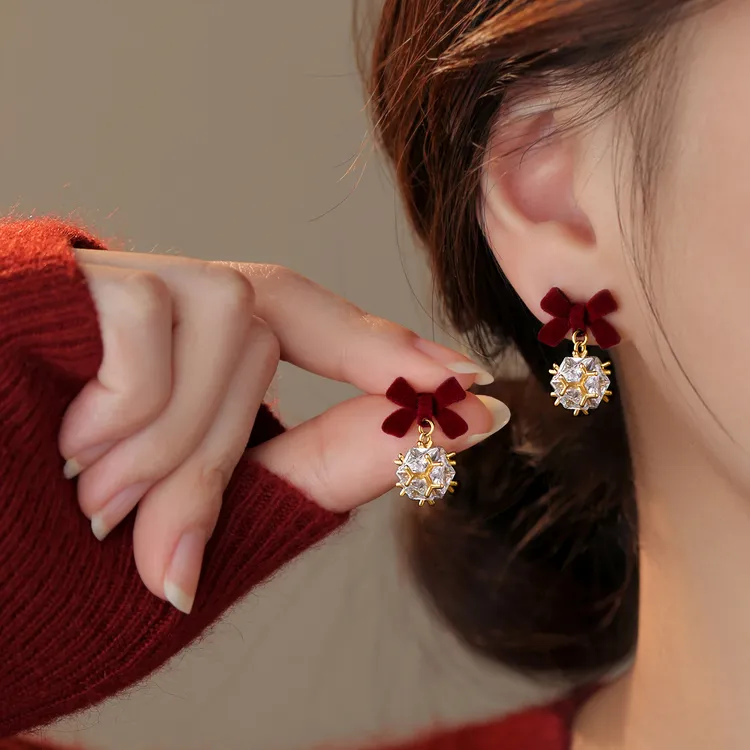 足银耳饰 999银针红色蝴蝶结耳钉女本命年2026马新年小众轻奢耳环