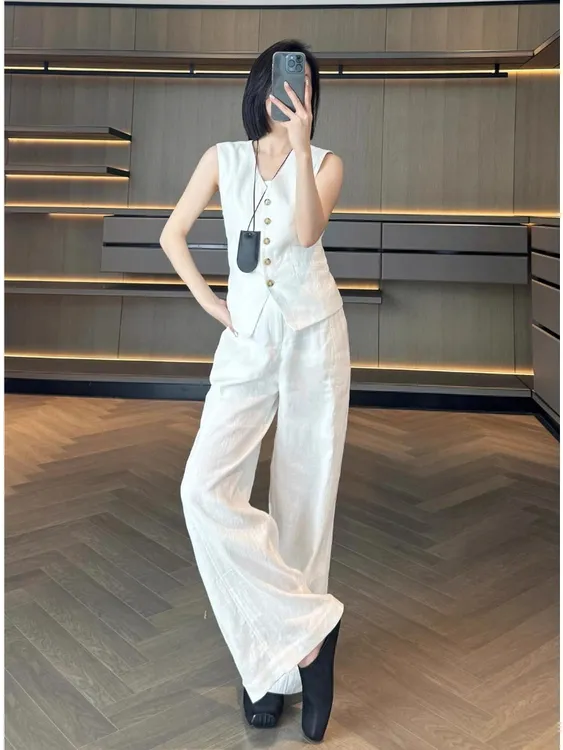 老钱风亚麻马甲套装女夏季法式高端通勤显瘦无袖背心阔腿裤两件套