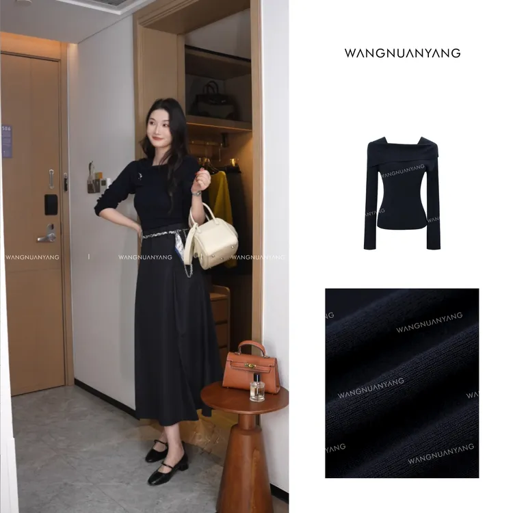 【王暖阳】倾心一角|羊毛混纺一字领斜角翻领露肩两穿针织衫