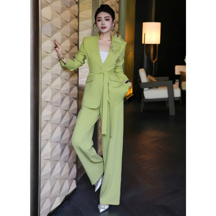法式秋女装优雅显瘦轻奢西装阔腿裤套装气质配胸花女神范两件套