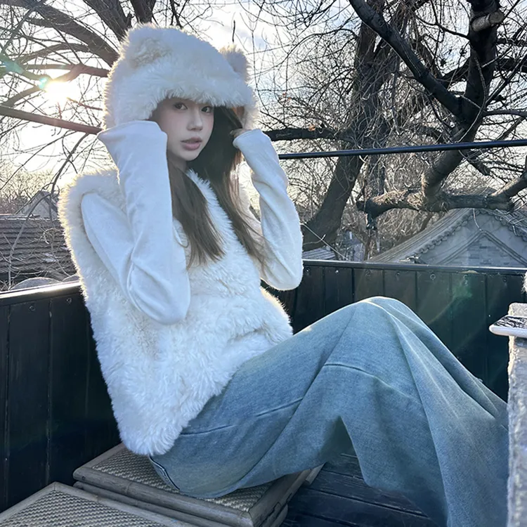 小熊耳朵马甲外套厚款纯色常规款连帽宽松女新款秋冬马甲坎肩背心