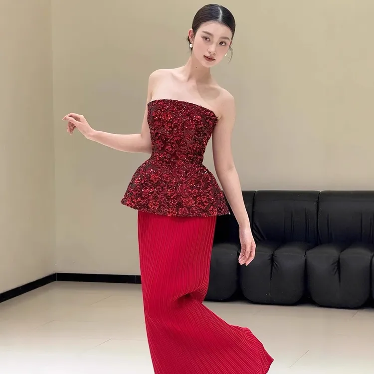 高级感蕾丝抹胸连衣裙女夏季法式千金蝴蝶结收腰生日公主蓬蓬裙子