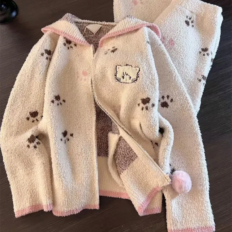 可爱猫爪印花连帽加厚半边绒睡衣女童秋冬新款加绒儿童衣服秋冬款
