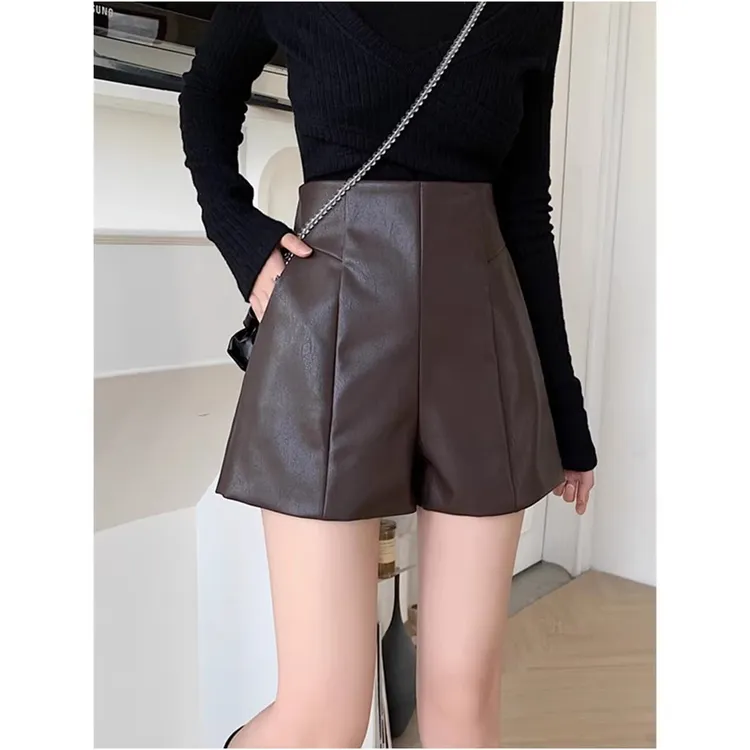 高腰皮短裤女2023秋冬季新款时尚韩版阔腿裤小个子显瘦字靴裤PUXS