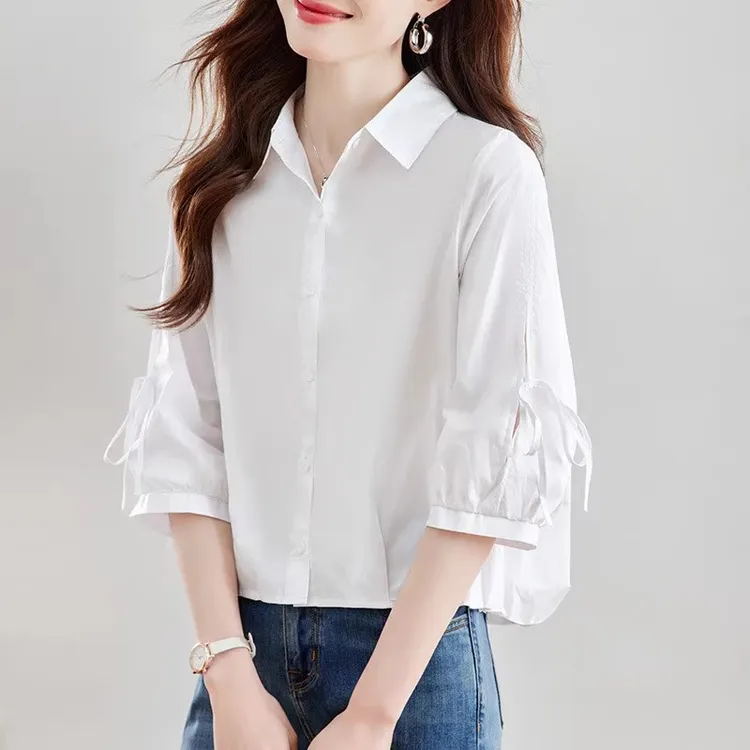 短款宽松纯棉白衬衫女夏季七分短袖衬衣2025新款设计感小个子上衣