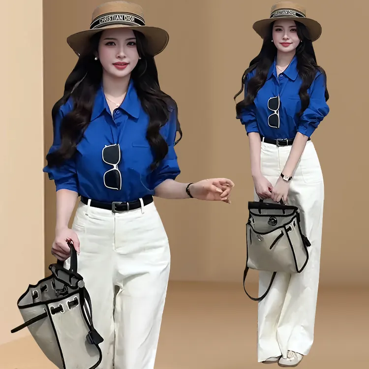 穿搭一整套时尚休闲套装女春秋高级感减龄长袖衬衫阔腿长裤两件套