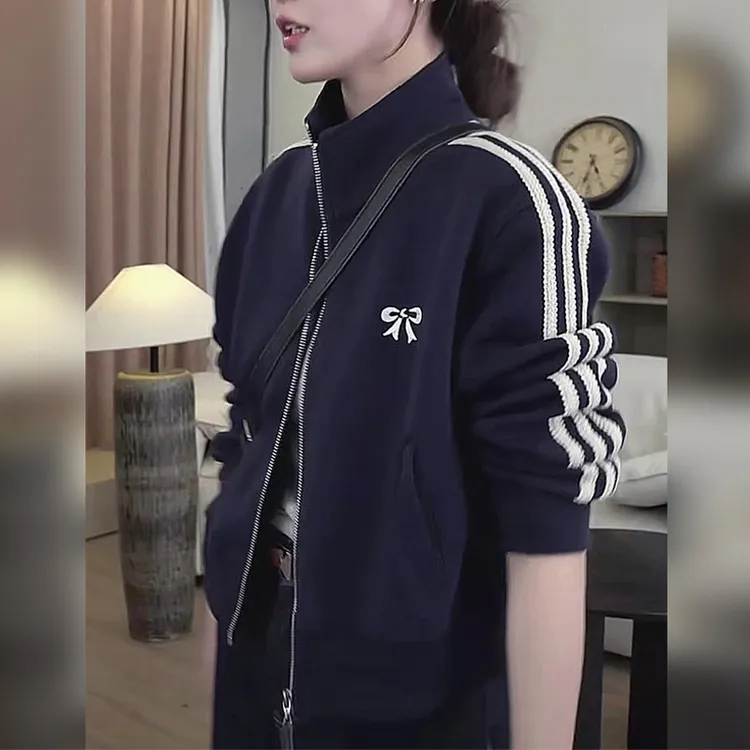 韩版拼色设计感蝴蝶结外套女2025年春秋季新款洋气小众三条杠上衣