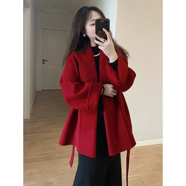 2025秋冬复古新年红色结婚双面呢大衣女高端气质小个子短款呢外套