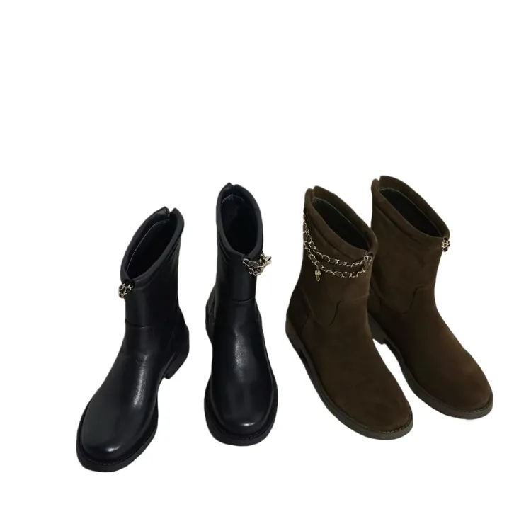 时尚马丁靴中筒纯色女鞋秋冬百搭法式方头瘦瘦一脚蹬骑士靴