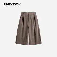 『PEACHZHOU』灯芯绒压褶翻边宽松系扣短裤松驰休闲阔腿七分中裤