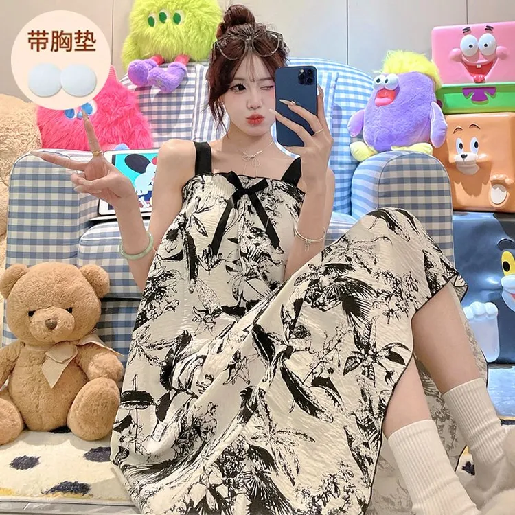 性感薄款复古风夏季中长款女睡裙夏天宽松漂亮韩版大码裙子休闲