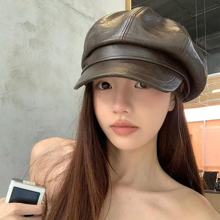 饰友九喜丨八角帽女秋冬季ins网红贝雷帽百搭英伦复古黑色皮质